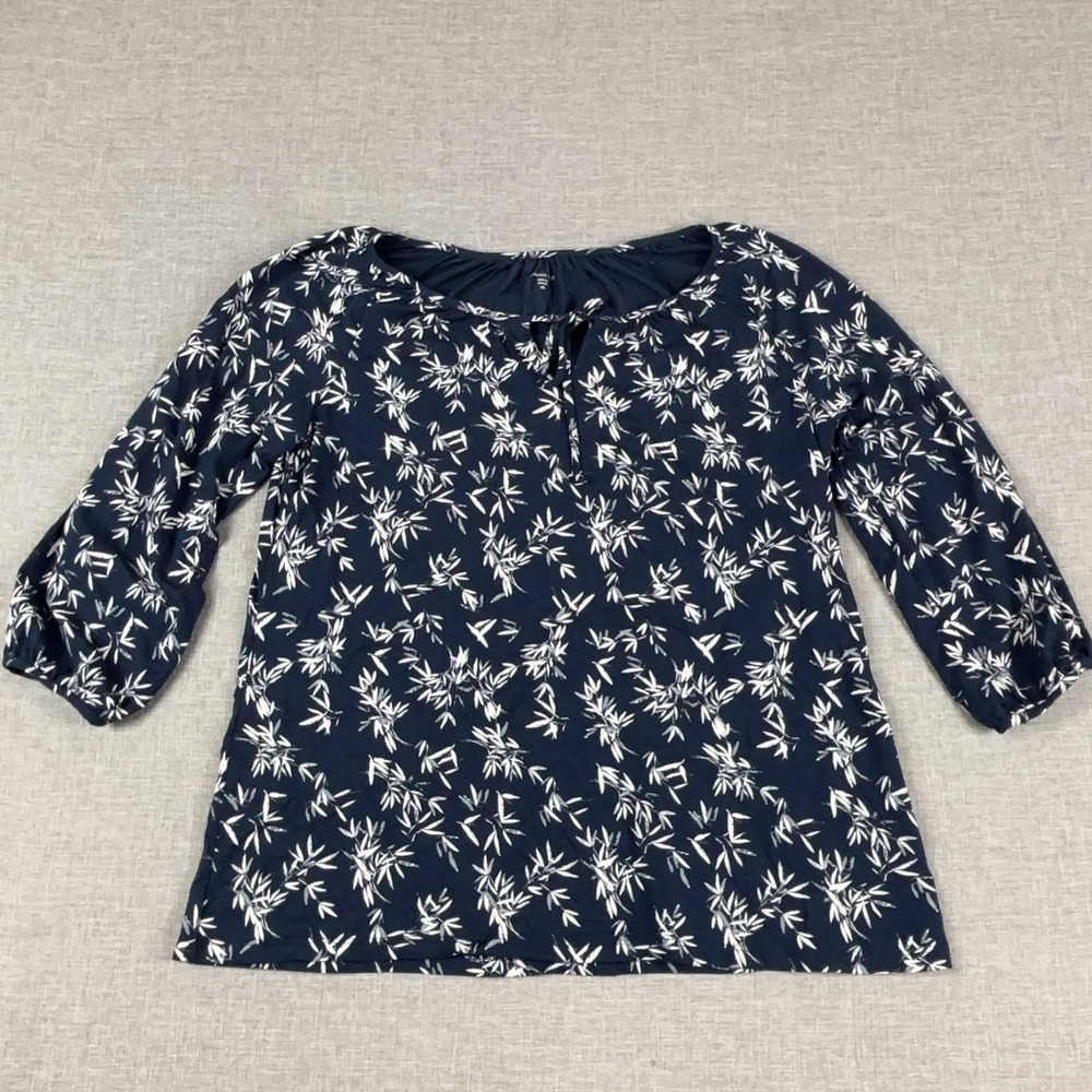 Garnet Hill Blouse Womens XS Blue Floral Scoop Neck 3/4 Balloon Sleeve Jersey